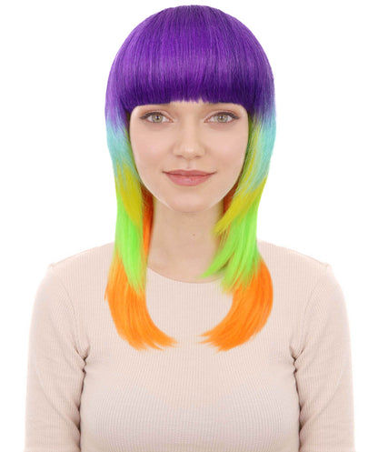 HPO Adult Women’s Vibrant Rainbow Prism Wig | Long Layered Multi-Colored Hair | Ideal for Halloween | Breathable Capless Cap