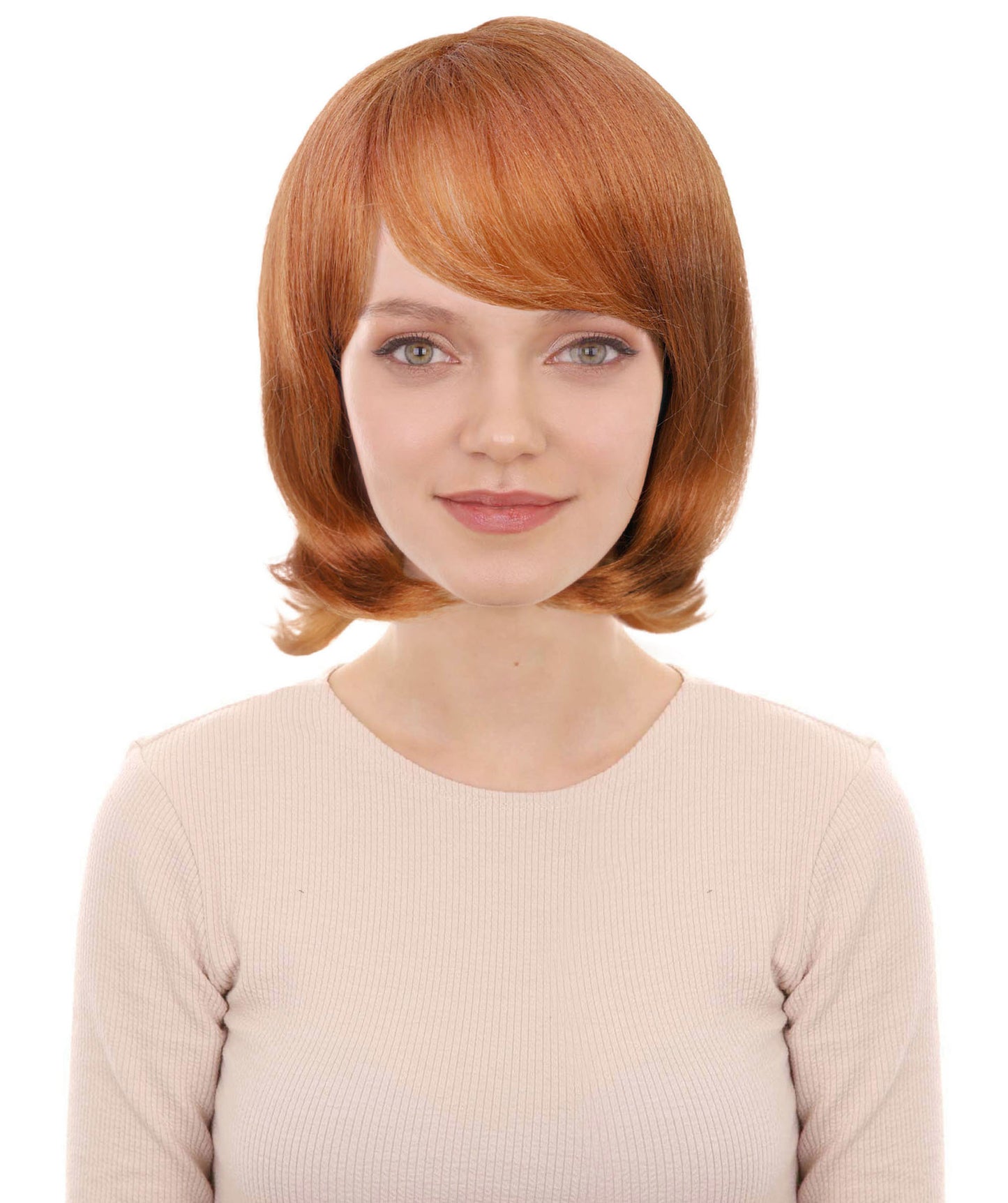 HPO Adult Women’s Layered Ginger Wig with Fringe | 1980s Style Costume Hair for Halloween Themed Parties| Breathable Capless Cap