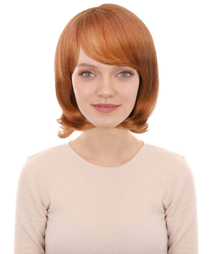 HPO Adult Women’s Layered Ginger Wig with Fringe | 1980s Style Costume Hair for Halloween Themed Parties| Breathable Capless Cap