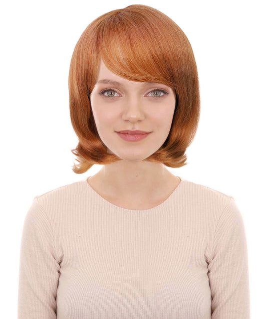 HPO Adult Women’s Layered Ginger Wig with Fringe | 1980s Style Costume Hair for Halloween Themed Parties| Breathable Capless Cap