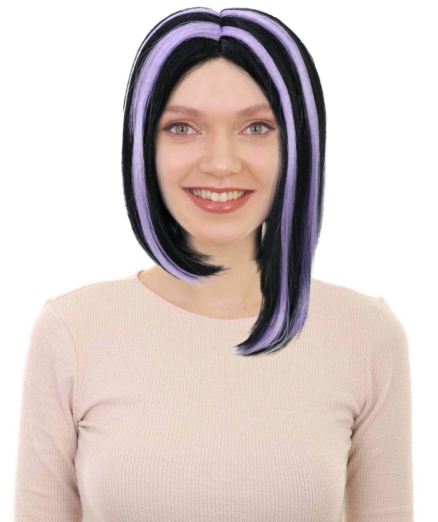 HPO Adult Women’s White & Purple Highlight Bob Wig | Sleek Short Costume Hair for Halloween & Parties | Breathable Capless Cap