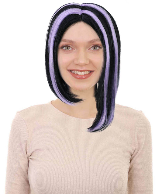 HPO Adult Women’s White & Purple Highlight Bob Wig | Sleek Short Costume Hair for Halloween & Parties | Breathable Capless Cap