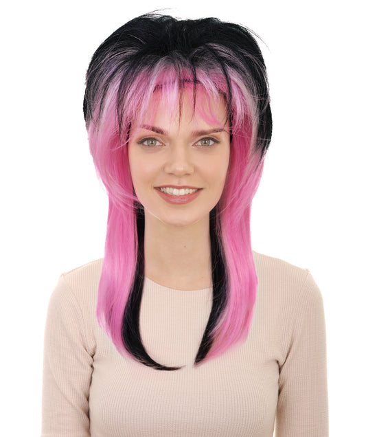 HPO Adult Women’s  80’s Rock Star Wig | Black & Pink Layered Hair for Halloween & Themed Parties| Breathable Capless Cap