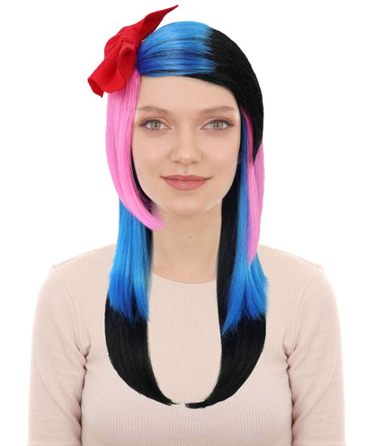 HPO Adult Women’s Elegant Long Multicolor Wig with Highlights and Curtain Bangs | Natural Straight Style | Ideal for Halloween | Breathable Capless Cap
