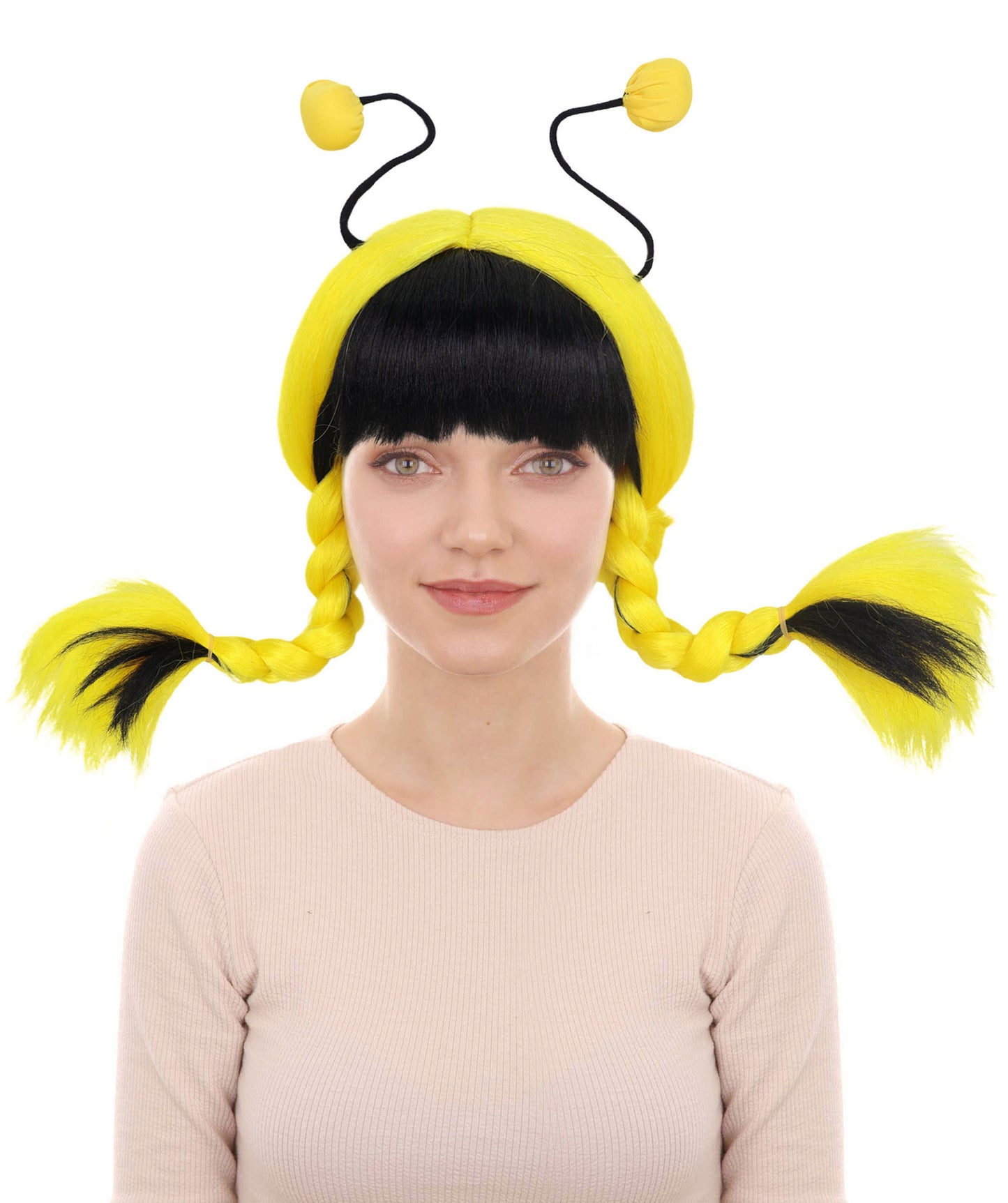 HPO Adult Women's Bee Mine Wig | Black and Yellow Striped Bob Wig with Antenna Headband for Women and Teens | Perfect for Bee Costumes, Halloween, Festivals Events