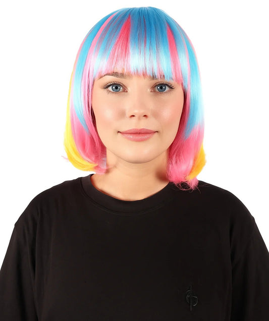 HPO Women's Short Multicolor Neon Bob Wig with Flat Blunt Bangs | Synthetic Straight Hair in Vibrant Festival Colors | Breathable Capless Cap For Party, or Rave Looks