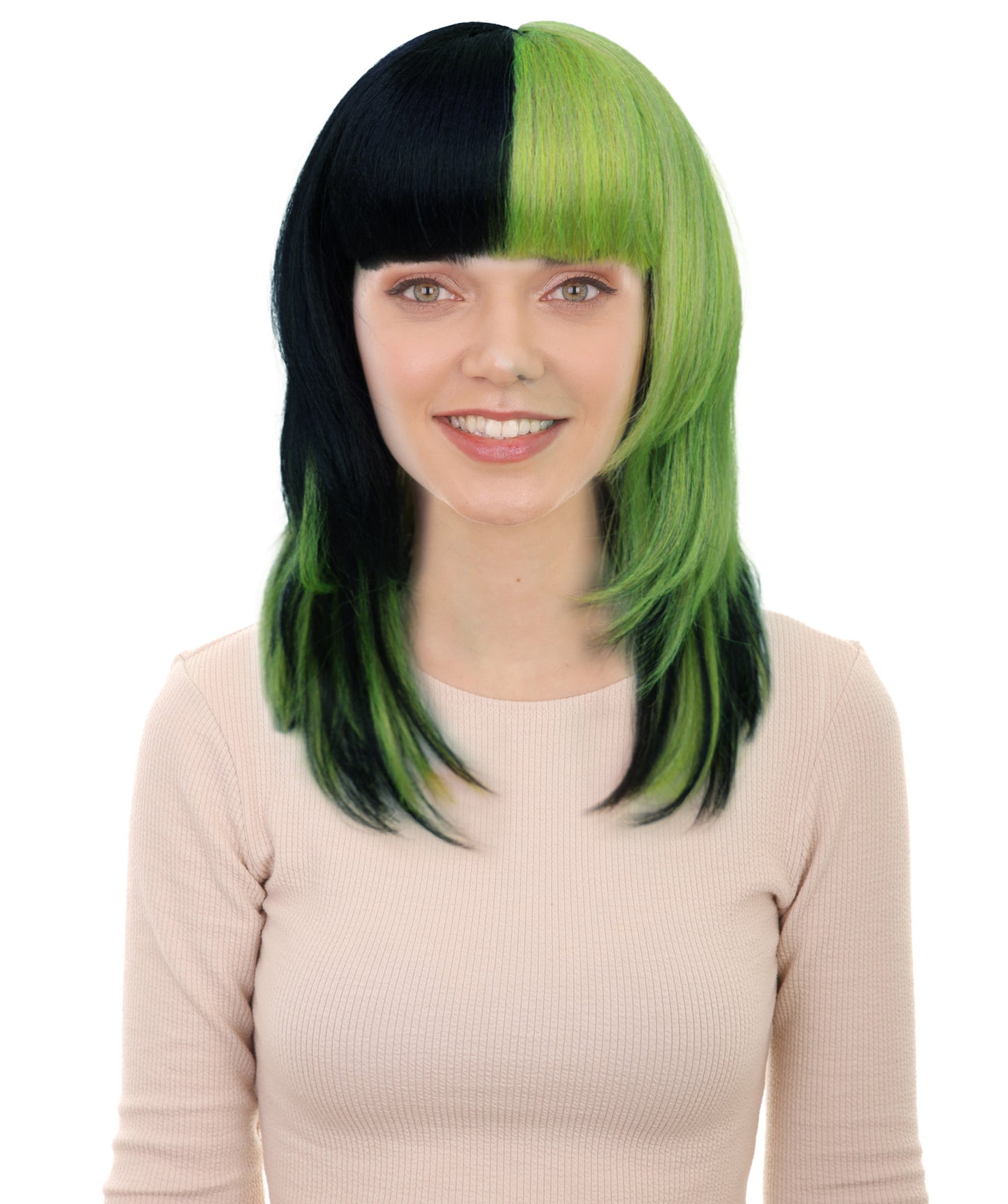 HPO Adult Short Lolita Straight Wig with Bangs for Women | Green & Black Highlighted Synthetic Wig | Breathable Cap for Daily Wear & Halloween Looks