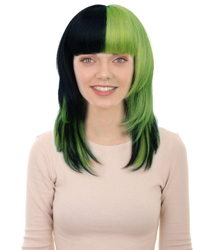 HPO Adult Short Lolita Straight Wig with Bangs for Women | Green & Black Highlighted Synthetic Wig | Breathable Cap for Daily Wear & Halloween Looks