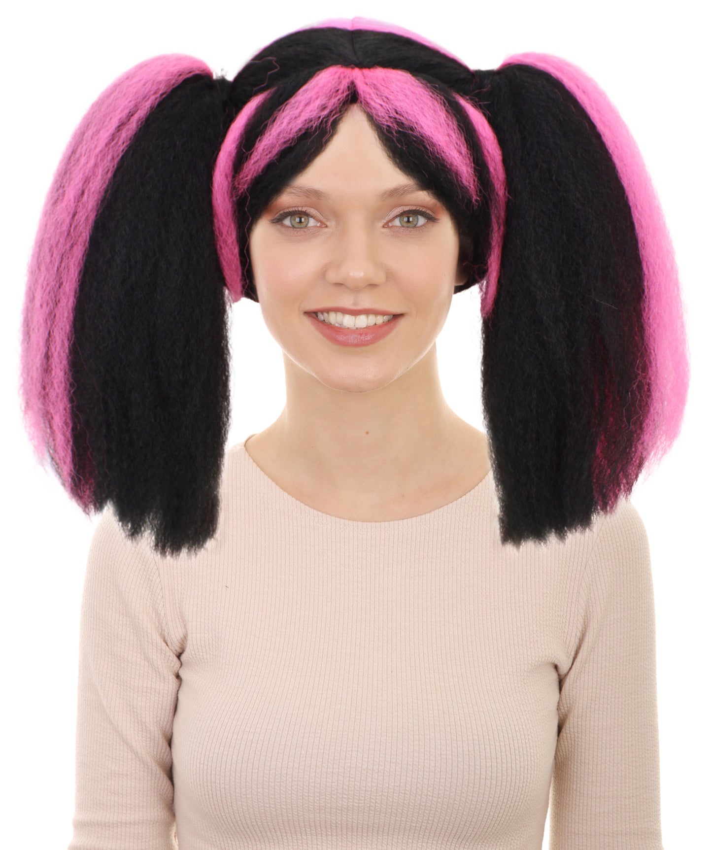 HPO Adult Women’s Steampunk Wig with Black Base and Vibrant Pink Streaks Ponytails | Synthetic Flame-Retardant Fiber |