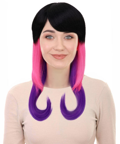 HPO Adult Unisex Tri Color Fruit Punch Wig | Vibrant Black Pink Violet Flame Mix | Synthetic Flame-Retardant Hair | Capless Cap | Halloween Festival Wig