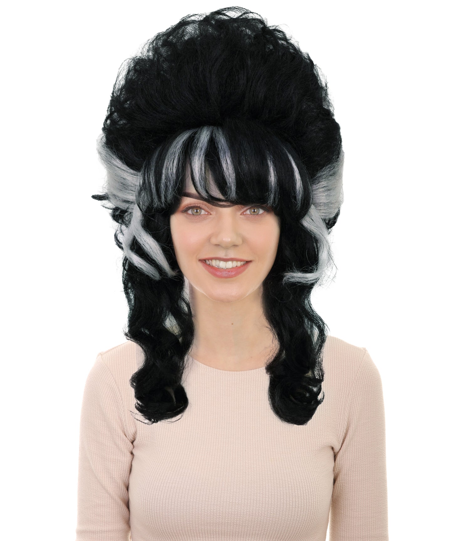 HPO Adult Frankenstein Beehive Wig for Women | Halloween Updo Wig with White Streaks | Black Synthetic Hair | Flame-Retardant | Capless Cap | Horror Bride Costume Wig