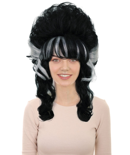 HPO Adult Frankenstein Beehive Wig for Women | Halloween Updo Wig with White Streaks | Black Synthetic Hair | Flame-Retardant | Capless Cap | Horror Bride Costume Wig