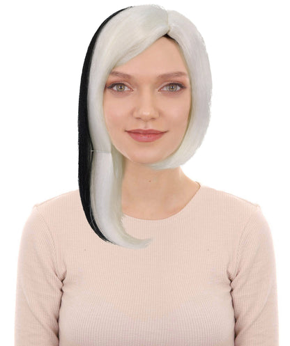 HPO Adult Women’s Glamour Diva White Wig with Black Streaks | Long Synthetic Costume Wig | Halloween Party Diva Look | Breathable Capless Fit, Soft Fiber