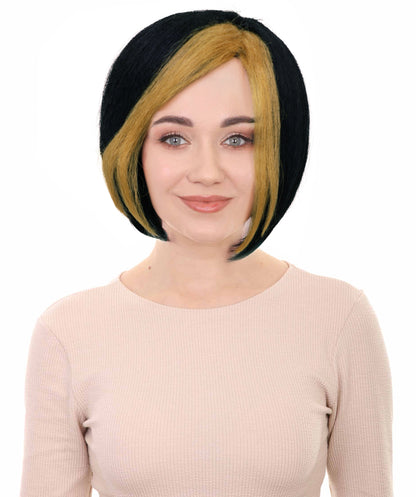 HPO Women's Shimmering Short Black Wig with Golden Highlights | Glam Supervillain-Inspired Hairpiece | For Cosplay, Halloween, Stage & Themed Events