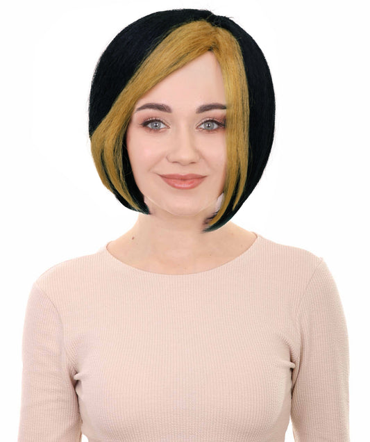 HPO Women's Shimmering Short Black Wig with Golden Highlights | Glam Supervillain-Inspired Hairpiece | For Cosplay, Halloween, Stage & Themed Events