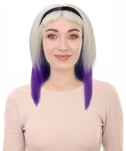 HPO Adult Women’s Long Blonde Gothic Wig with Purple Ombre and Black Headband | Inspired Villainess Hairpiece | Ideal for Halloween | Breathable Capless Cap