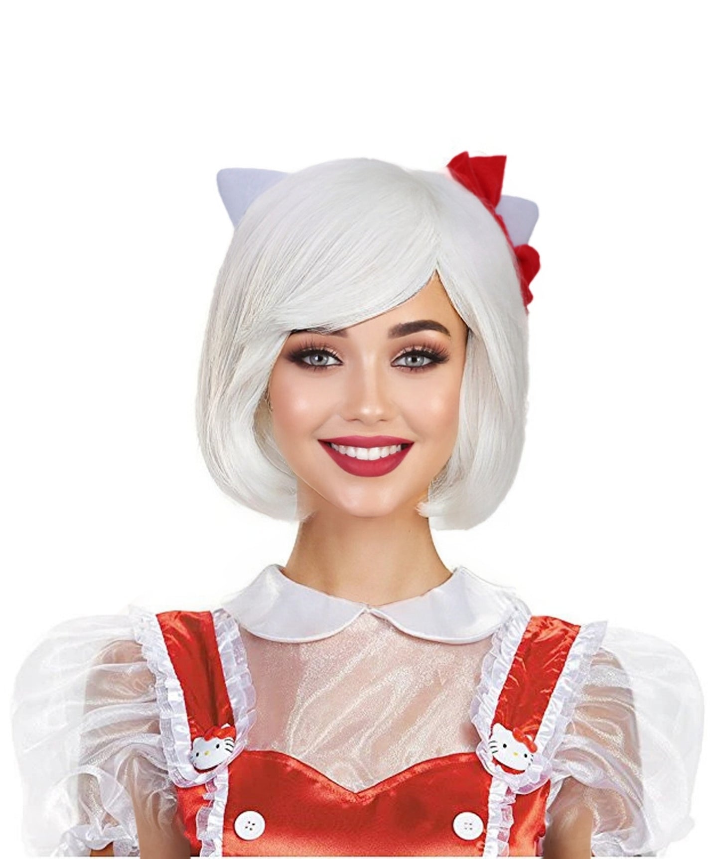 HPO Adult Women's Cute Kitty-Inspired White Wig with Bow Ribbon | Soft Synthetic Cosplay Hair with Attached Ribbon for Dress Up & Parties