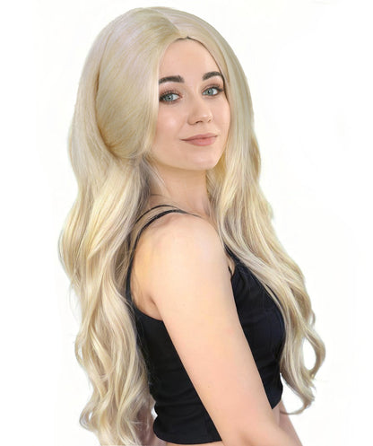 Women’s Blonde Side-Parted Long Wig with Pearl Hair Grips | Natural-Looking Costume & Party Wig | Breathable Capless Cap