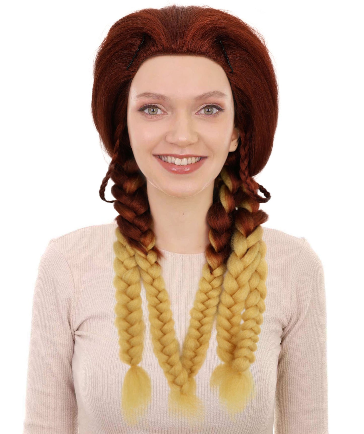HPO Women’s Fiery Brown & Blonde Wig | Starfire-Inspired Long Straight Hairpiece | Halloween, Stage & Photo Shoot