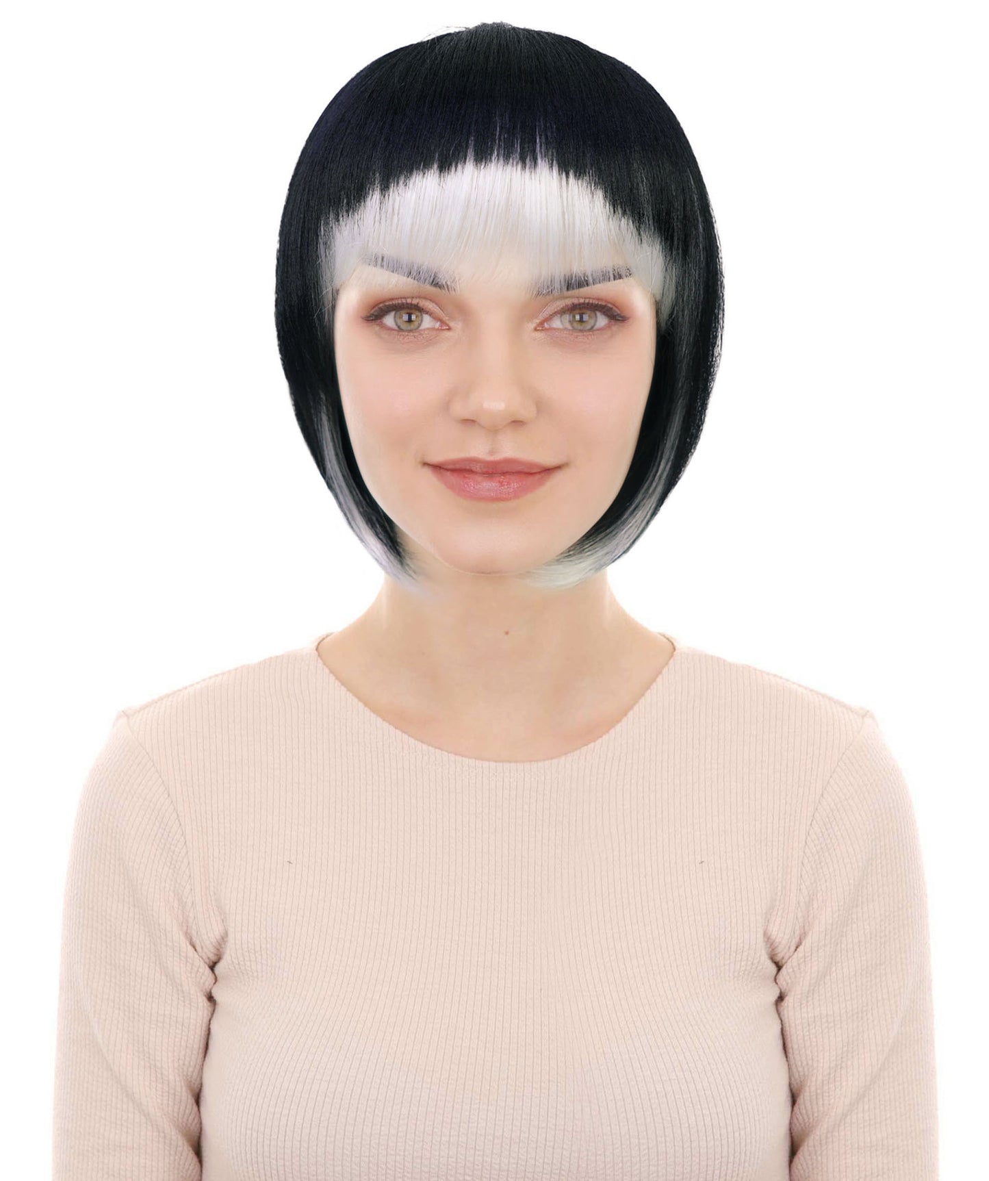 HPO Women's Black & White Carnival Halloween Roleplay Wig | Flame-resistant Synthetic Fiber with Capless Cap| Ideal for party, Halloween, cosplay, theater, drag, performance, costume events