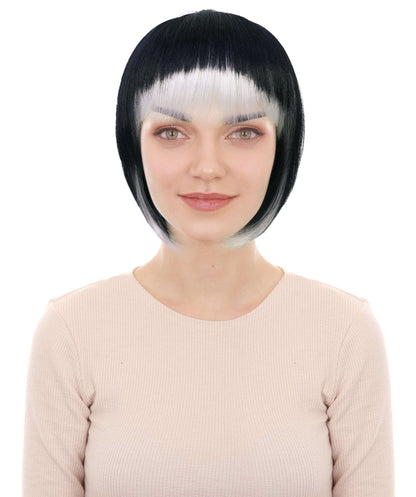HPO Women's Black & White Carnival Halloween Roleplay Wig | Flame-resistant Synthetic Fiber with Capless Cap| Ideal for party, Halloween, cosplay, theater, drag, performance, costume events