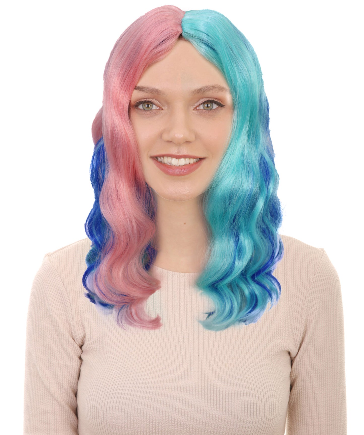 HPO Adult Vibrant Ombre Pink and Blue Water Ripple Curly Wig| Ideal for Halloween | Breathable Capless Cap