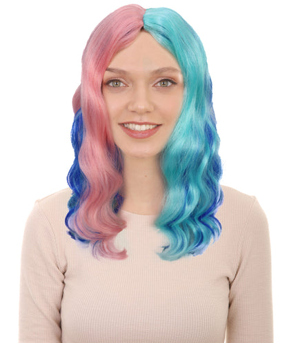 HPO Adult Vibrant Ombre Pink and Blue Water Ripple Curly Wig| Ideal for Halloween | Breathable Capless Cap