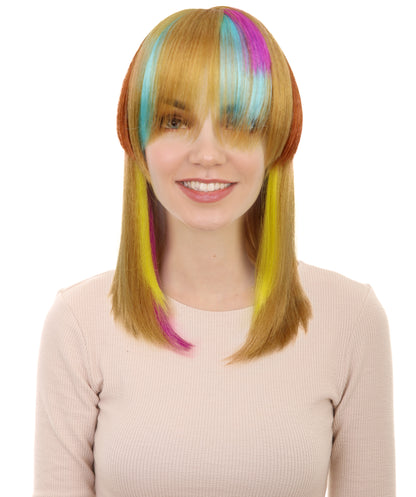 HPO Adult Women’s Vibrant Rainbow Fringe Wig | Bob with Colorful Streaks for Fashion | Breathable Capless Cap