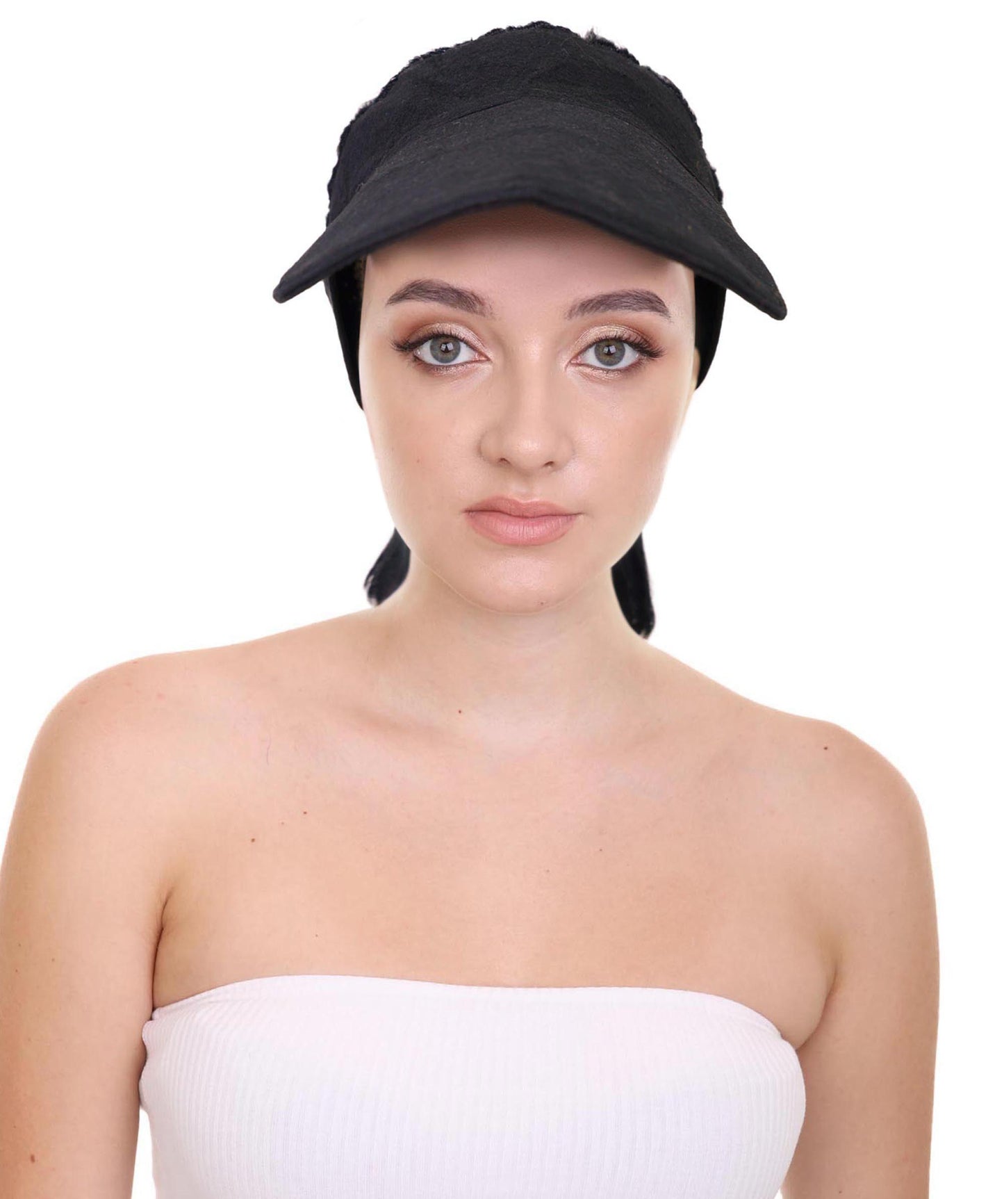 HPO Adult Women’s 16-Inch Synthetic Kinky Straight Ponytail Wig with Hat | Natural Black Fluffy Hair with Adjustable Straps | Ideal for Halloween | Breathable Capless Cap