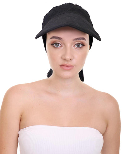 HPO Adult Women’s 16-Inch Synthetic Kinky Straight Ponytail Wig with Hat | Natural Black Fluffy Hair with Adjustable Straps | Ideal for Halloween | Breathable Capless Cap