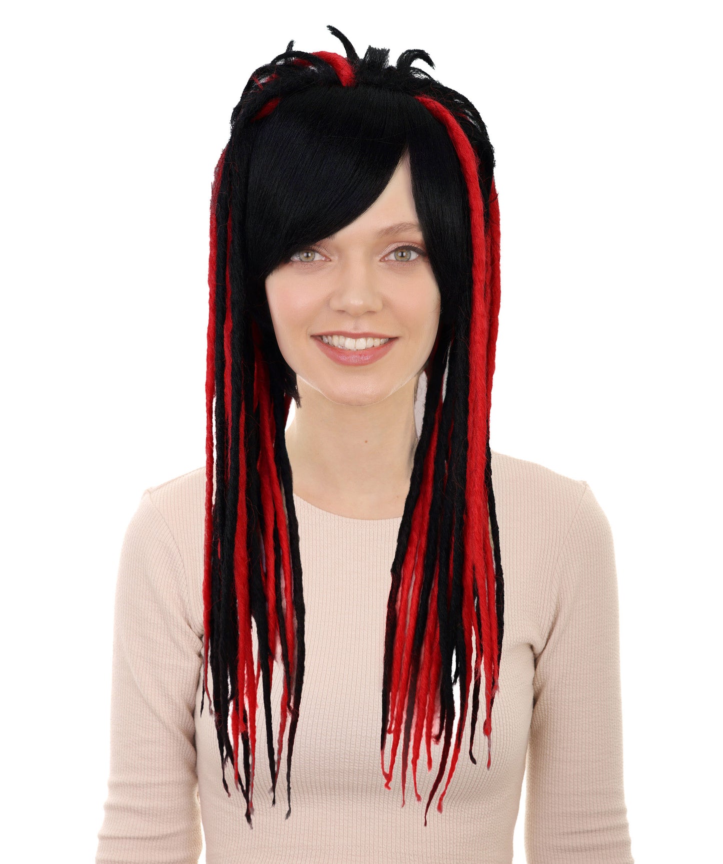 HPO Adult Women’s Long Straight Black and Red Rasta Dreadlocks Wig | Ideal for Halloween | Breathable Capless Cap