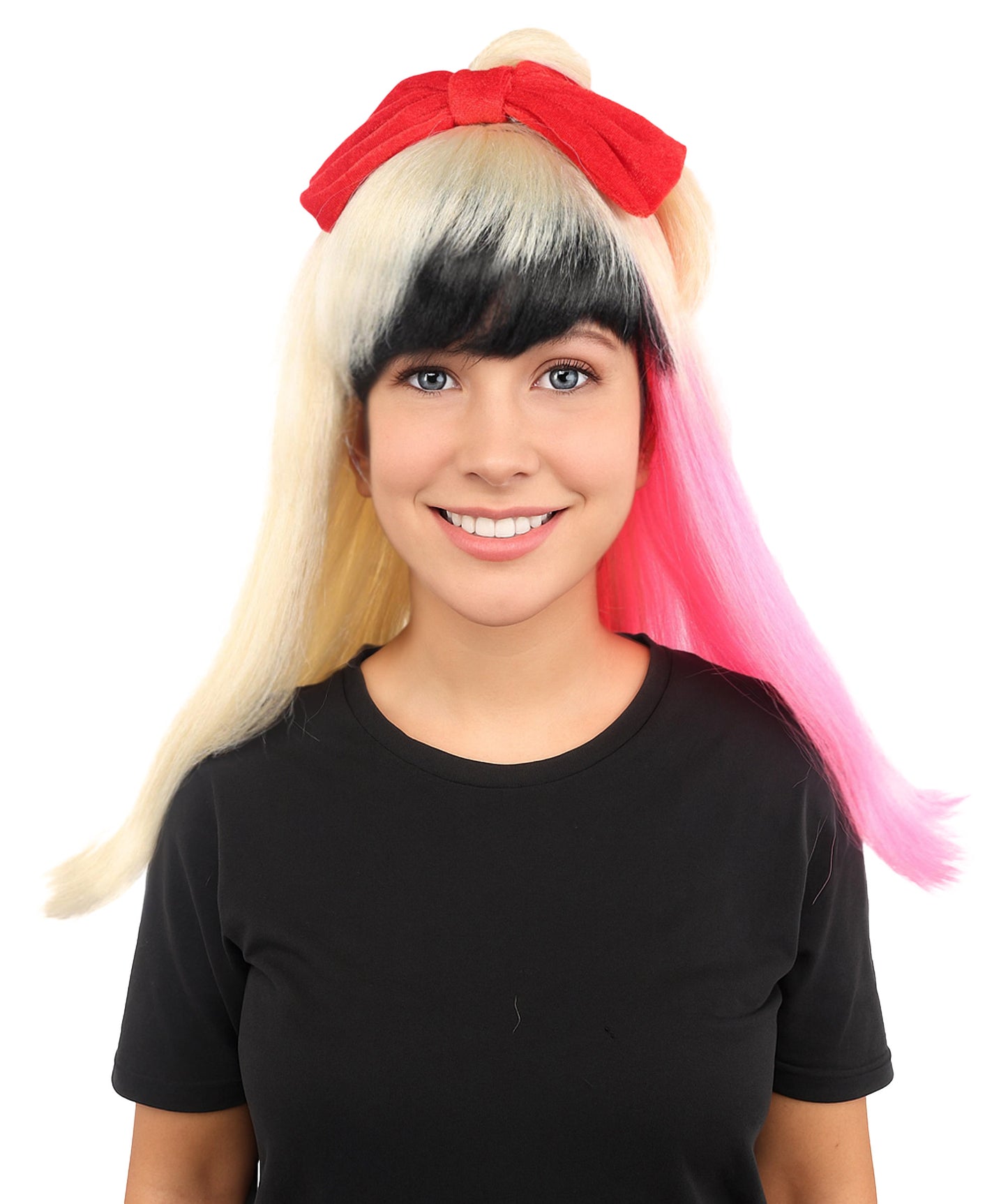 HPO Women’s Black & Blonde Medium-Length Straight Wig with Pink Tips | Flame-retardant Synthetic Fiber | Lightweight Capless Design for Halloween and Cosplay