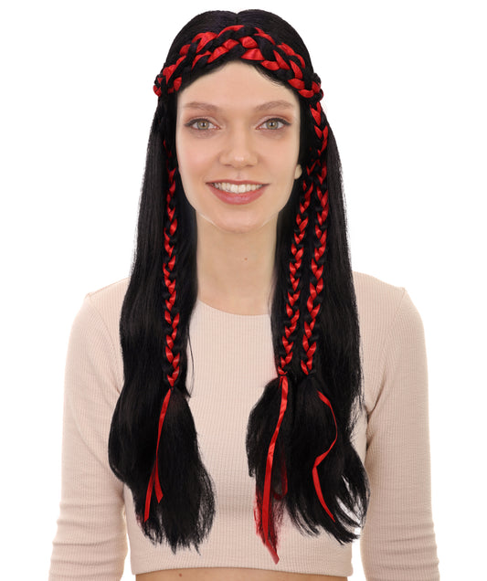 Women’s Long Black Wavy Wig with Red Braided Accents | Ideal for Halloween | Breathable Capless Cap