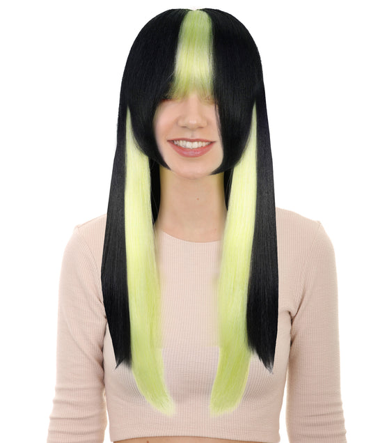 Women’s Straight Long Black & Green Anime Wig |  Hair with Twin Tails  | Ideal for Halloween | Breathable Capless Cap