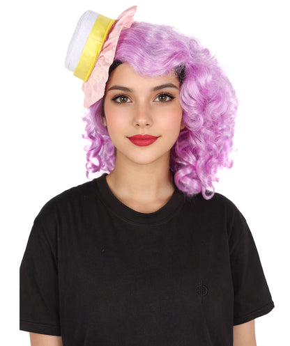 HPO Women’s Candy-Themed Curly Purple Wig | Voluminous Costume Hairpiece for Halloween, Cosplay and Themed Parties | Capless Cap Design