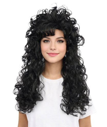HPO Women’s Long Curly Black Seduction Wig | Voluminous 80s-Inspired Costume Hairpiece for Halloween, Glam Rock, Disco, and Cosplay | Breathable Capless Cap Design