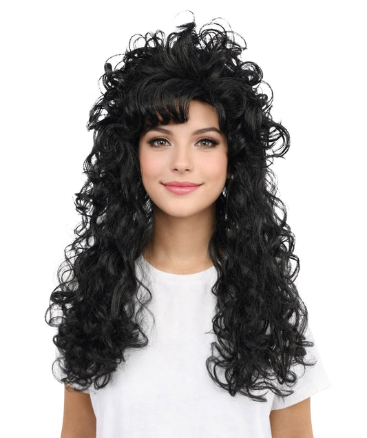 HPO Women’s Long Curly Black Seduction Wig | Voluminous 80s-Inspired Costume Hairpiece for Halloween, Glam Rock, Disco, and Cosplay | Breathable Capless Cap Design