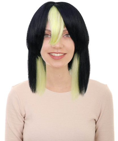 Women's Short Straight Black With Green Mixed Wig | Synthetic Costume Hairpiece with Breathable Capless Cap for Parties