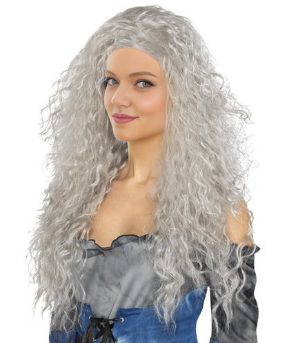 HPO Women’s 27 Inch Long Curly Silver Grey Mermaid Wig | Fantasy Wig for Halloween Parties Breathable Cap