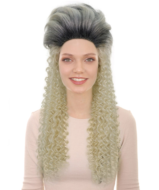 Women's 1980s Bottle Blonde & Grey Costume Wig | Curly Synthetic Retro Hairpiece for Parties | Breatheble Capless Cap