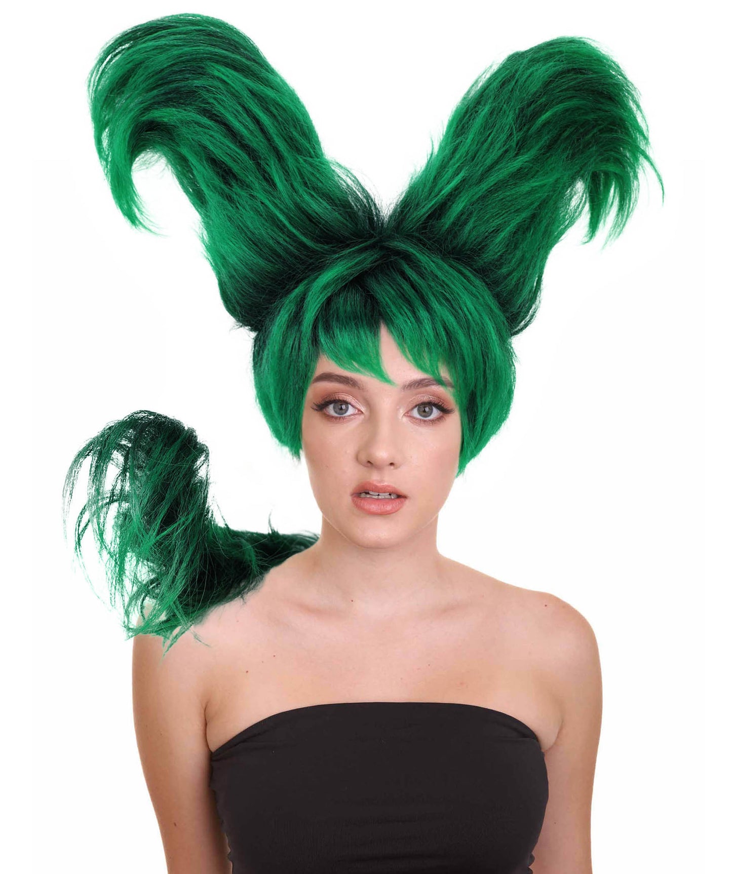 HPO Women’s Artistic Hair Sculpture Black& Green Mixed Wig | Creative Shaped Hairstyle | Synthetic Fiber Hairpiece with Adjustable Cap for Cosplay, Parties & Stage