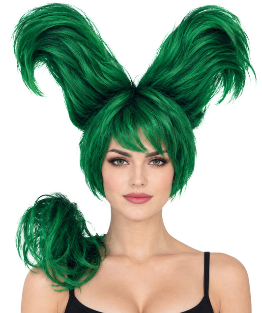 HPO Women’s Artistic Hair Sculpture Black& Green Mixed Wig | Creative Shaped Hairstyle | Synthetic Fiber Hairpiece with Adjustable Cap for Cosplay, Parties & Stage