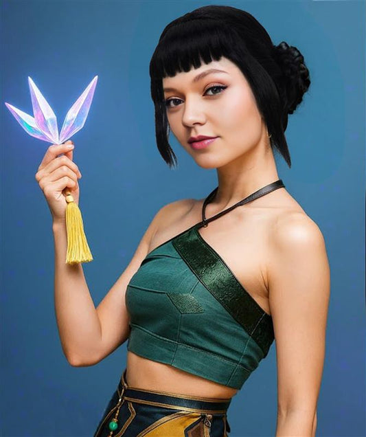 HPO Adult Women’s Popular K-Pop Demon Hunter Wig Black High Bun with Front Bangs | Halloween Wig | Futuristic Pop Star Warrior Look