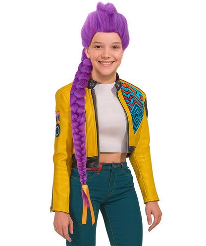 HPO Adult /Teen Women’s K-pop Demon Hunters Wig with Long Purple Fantasy Braid | Halloween Wig | Futuristic Pop Star Warrior Look