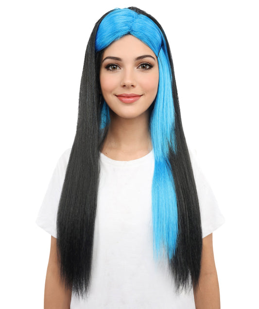 HPO Women’s Black & Royal Blue Long Marji-Inspired Wig with Soft Front Bangs | Art School Cosplay Wig | Breathable Synthetic Fiber for Halloween & Costume