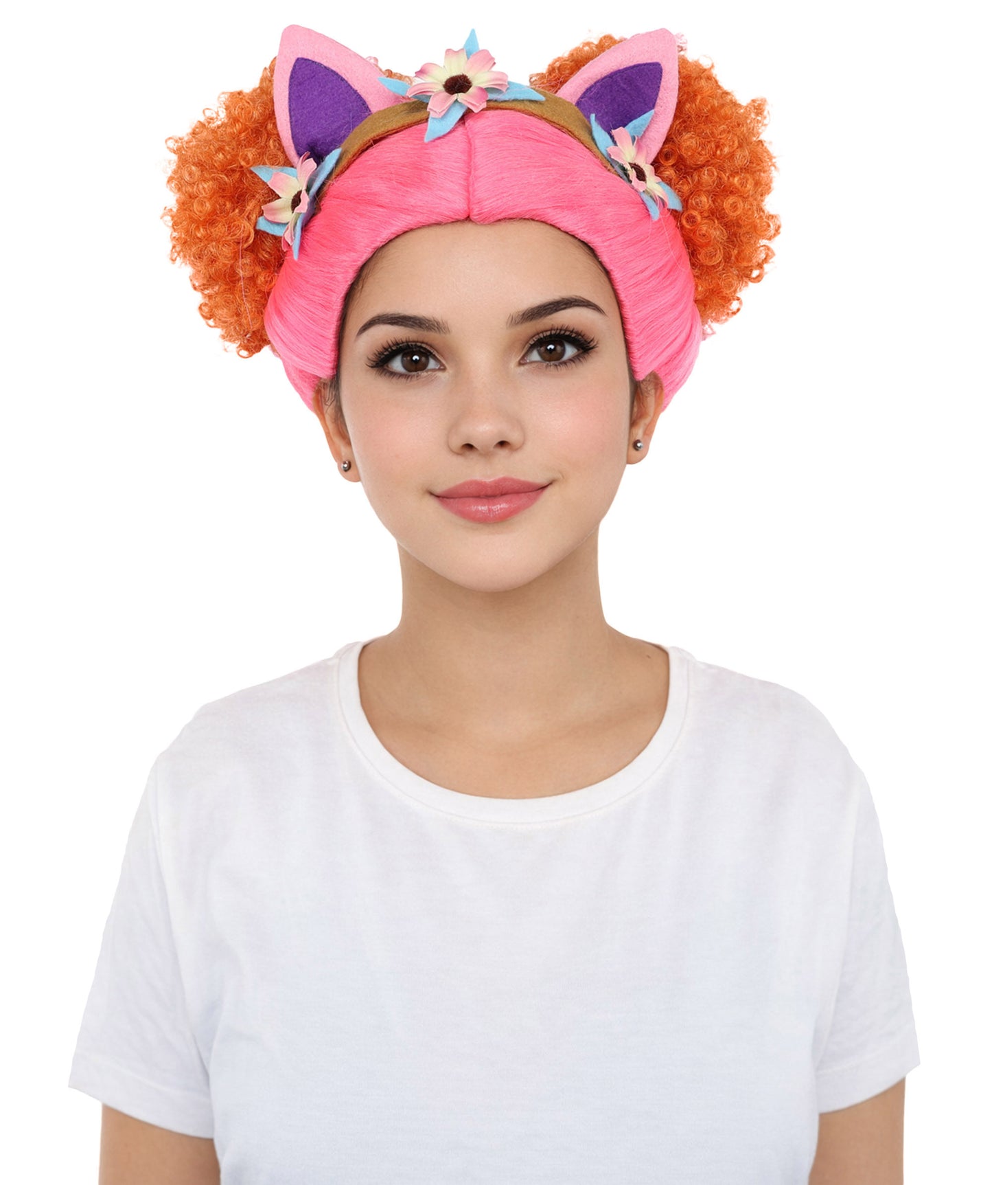 HPO Women's Whimsical Dollhouse Wig | Multicolor Curly Hairstyle with Cat Ear Headband | Hairpiece for Halloween, Cosplay & Parties
