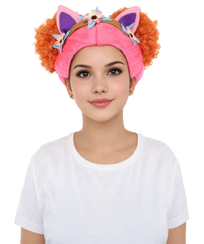HPO Women's Whimsical Dollhouse Wig | Multicolor Curly Hairstyle with Cat Ear Headband | Hairpiece for Halloween, Cosplay & Parties