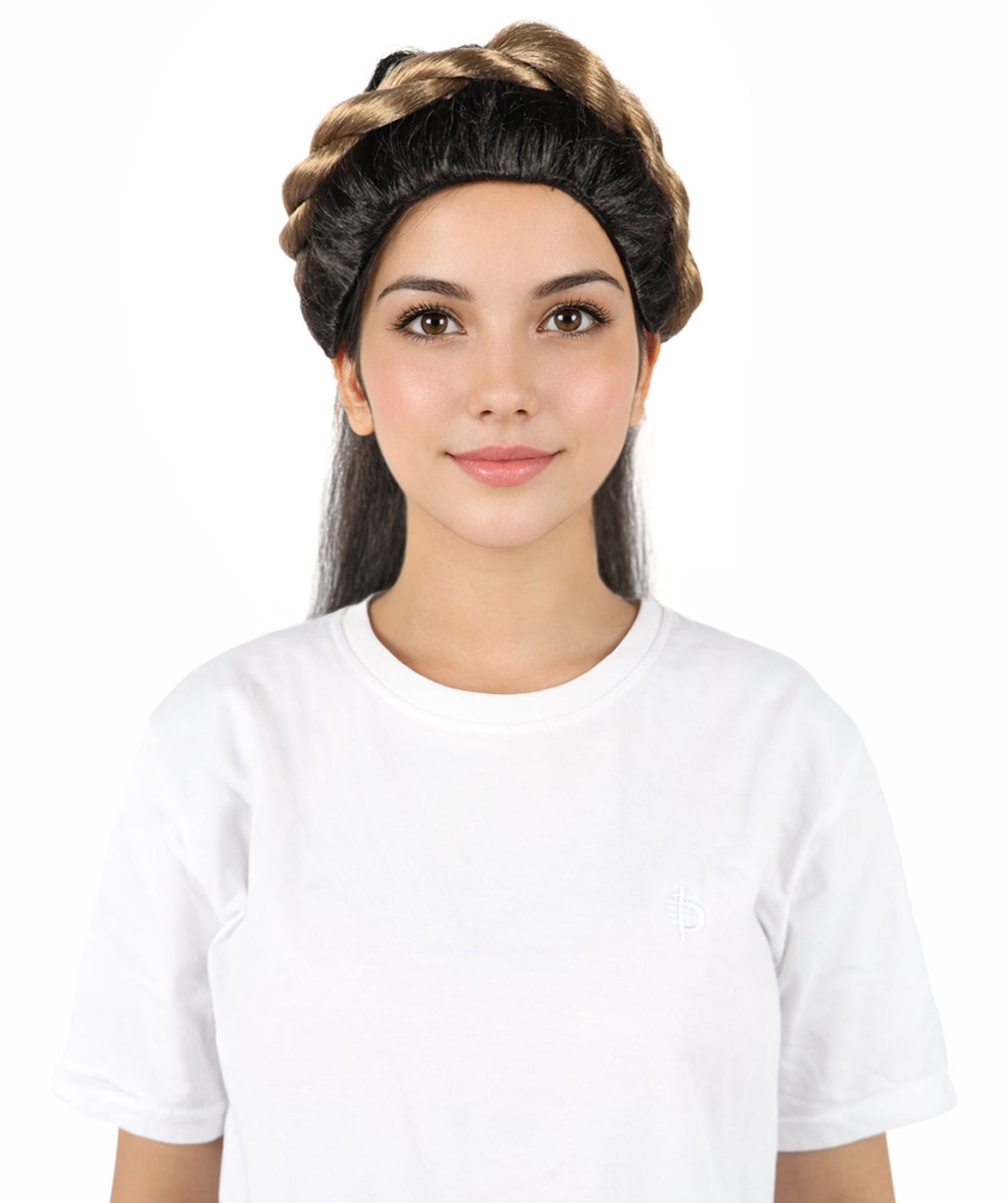 HPO Adult Women's Elegant Grecian-Inspired Black Straight Updo Wig with Braided Crown | Flame-retardant Synthetic Fiber | Long Flowing Style for Parties and Special Events
