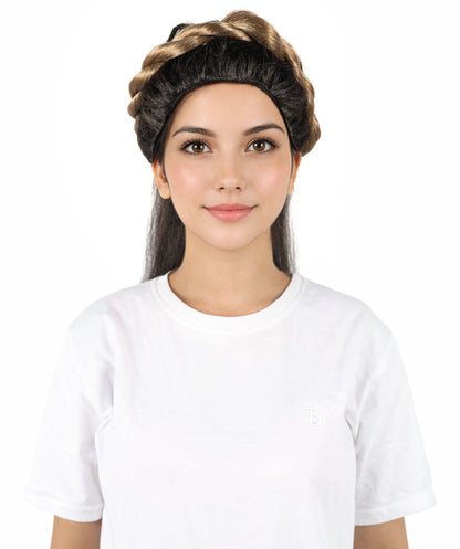 HPO Adult Women's Elegant Grecian-Inspired Black Straight Updo Wig with Braided Crown | Flame-retardant Synthetic Fiber | Long Flowing Style for Parties and Special Events