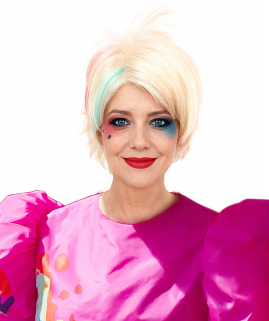 HPO Women's Medium Tricolor Wig | Blonde, Red and Blue Lake Weird-Style Hairpiece | Adjustable Inner Straps Cap for Parties & Stage